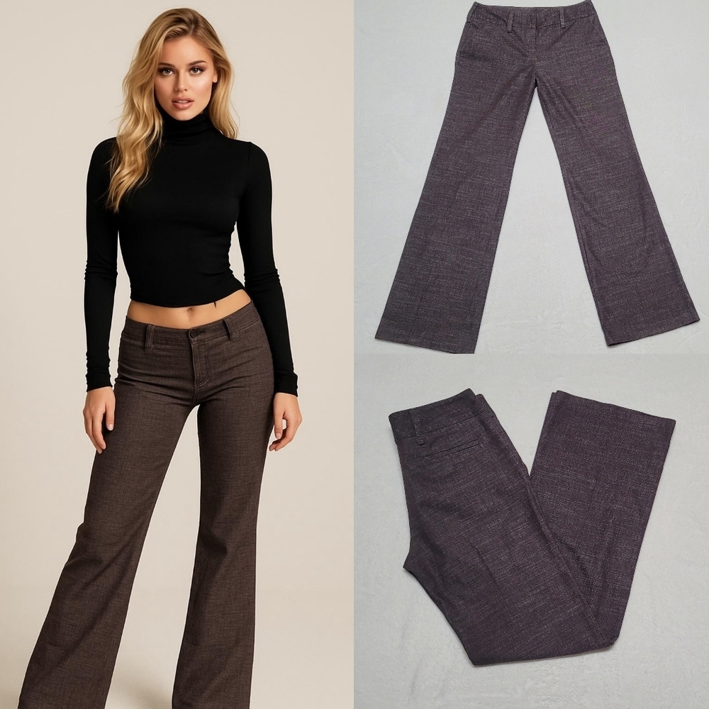 B. Wear Vintage Y2K Brown White Knit Low-Rise Wide-Leg Flare Leg Trousers Slacks